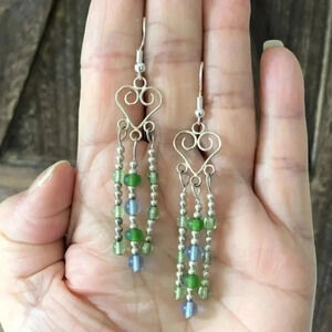 Pretty Handmade Green & Blue Crystal Bead Chandelier Tassel Earrings